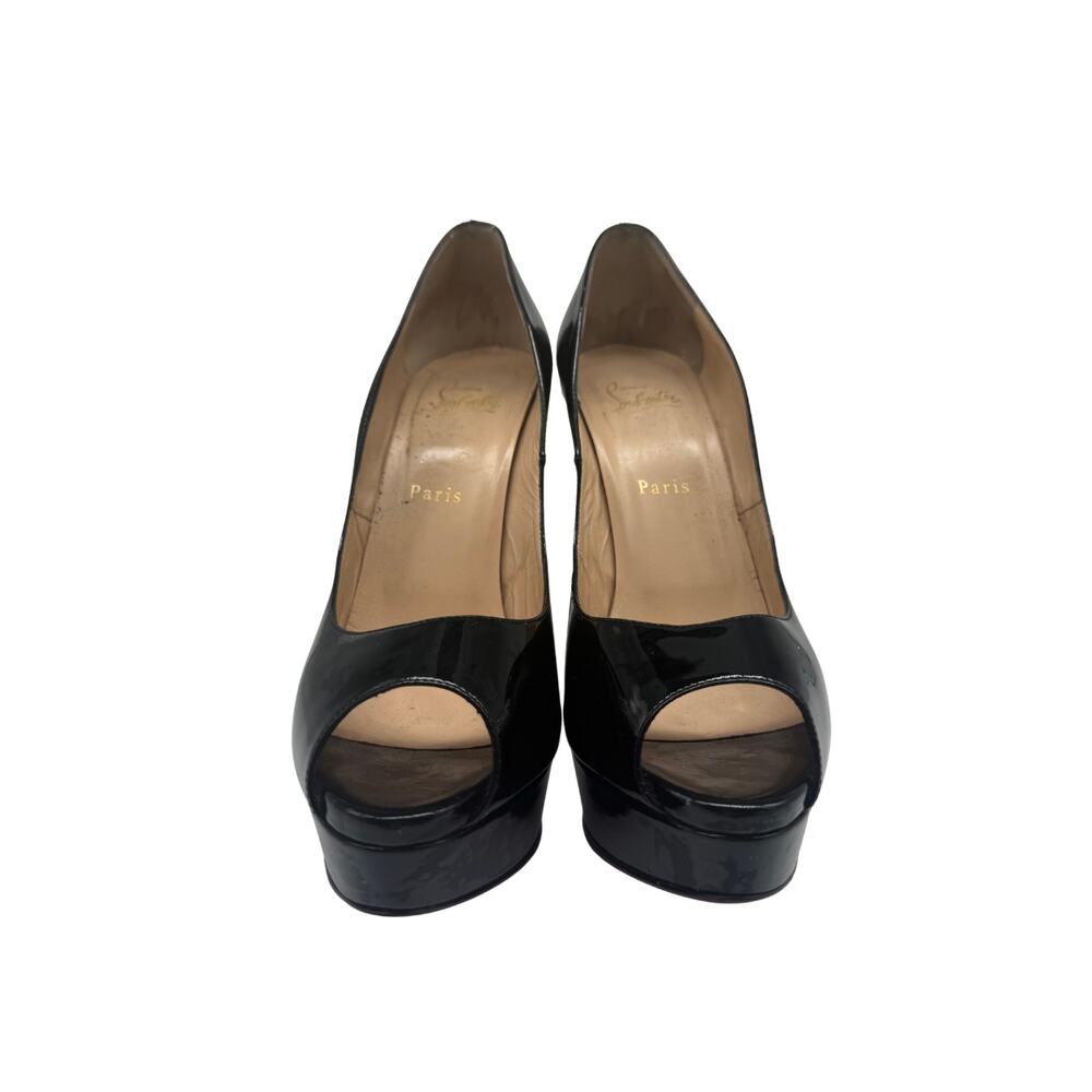Christine Louboutin Patent Leather Lady Z Peep Toe Pump Heels Black Size 41